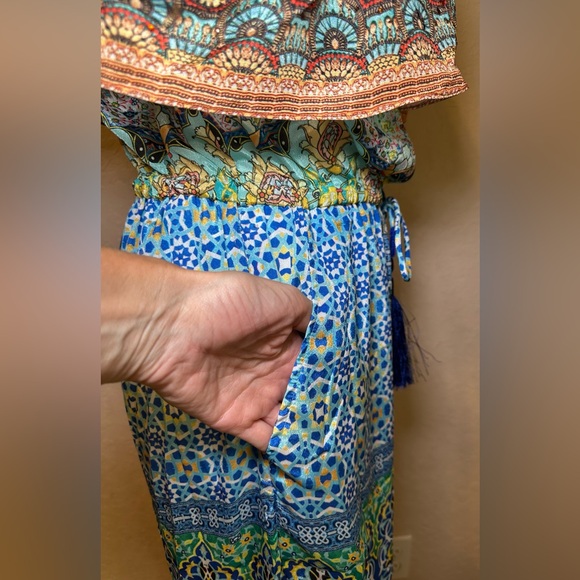 Shahida Parides‎ silk viscose strapless jumpsuit blue green pattern bohemian S/M - Picture 8 of 11